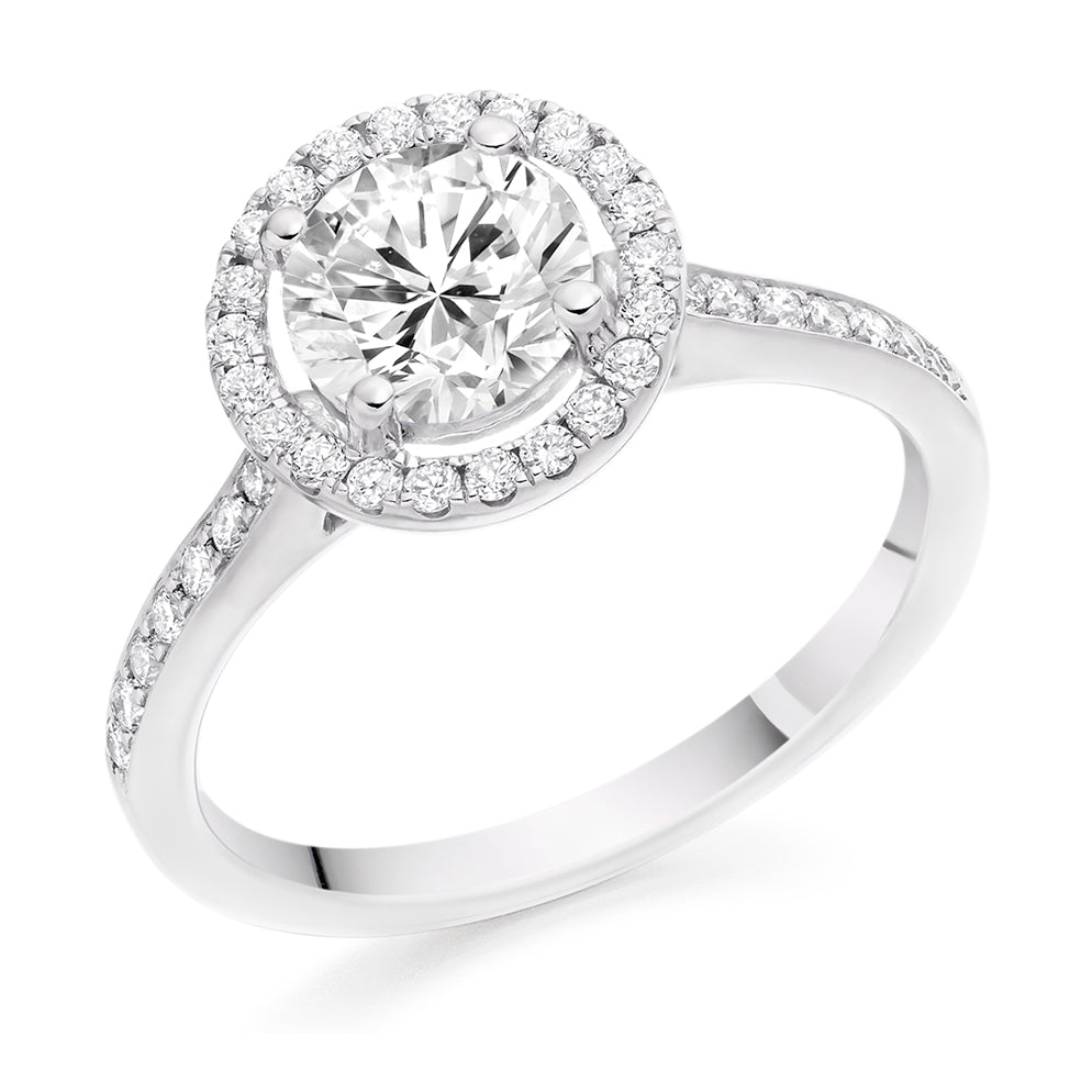 Pavé-Shoulder Halo Round-Brilliant Engagement Ring, 1.0ct in White Gold