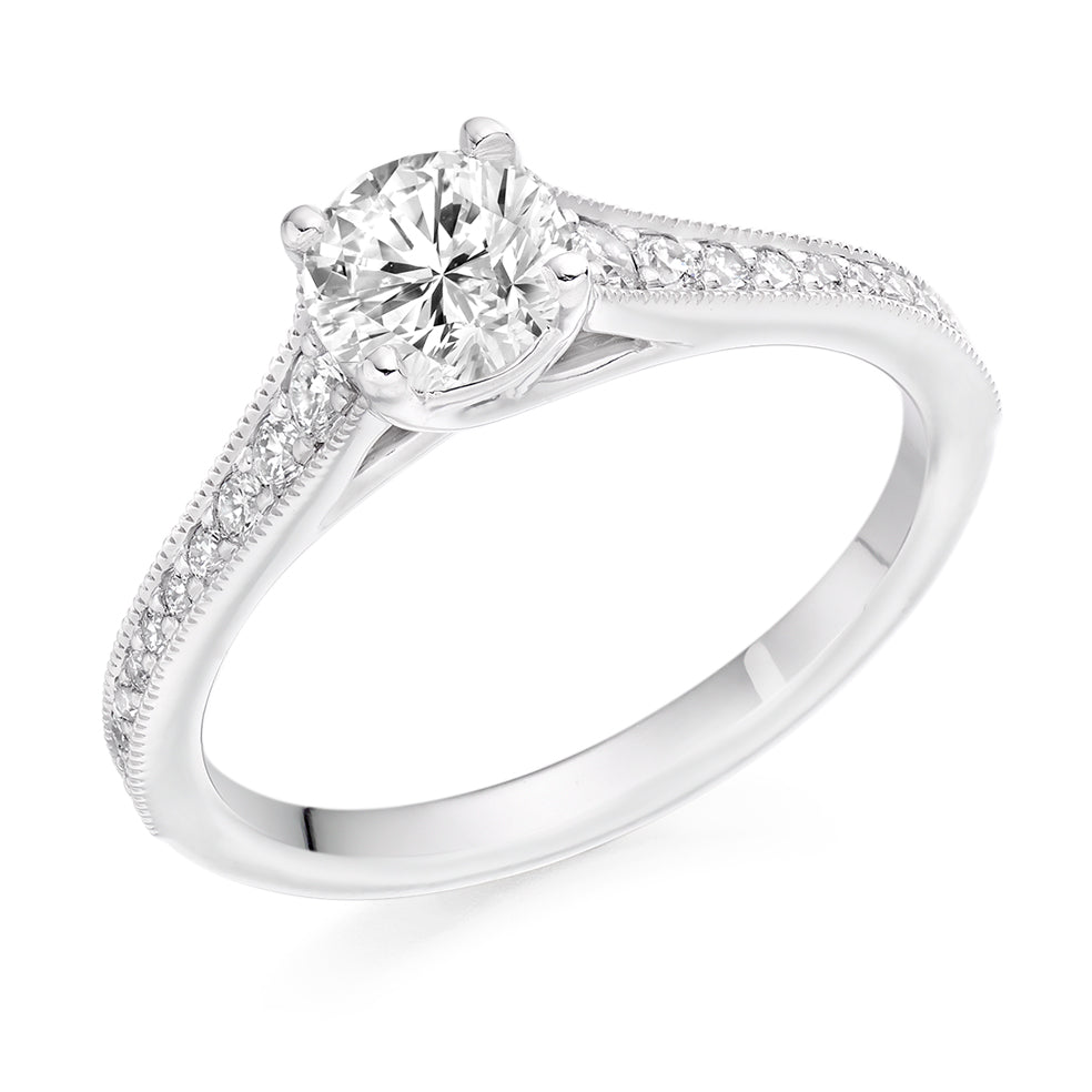 Solitaire with Diamond Set Shoulders Round Brilliant Engagement Ring, 0.75ct in White Gold