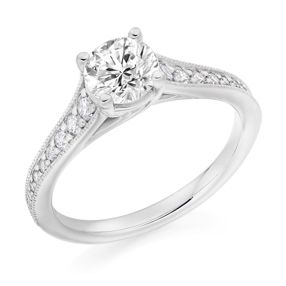 Solitaire with Diamond Set Shoulders Round Brilliant Engagement Ring, 0.90ct in White Gold