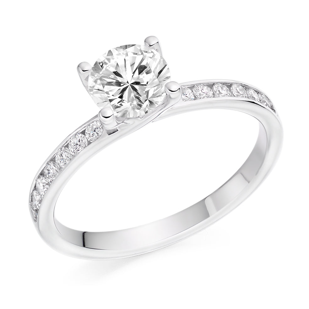 Solitaire with Diamond Set Shoulders Round Brilliant Engagement Ring, 0.90ct in White Gold