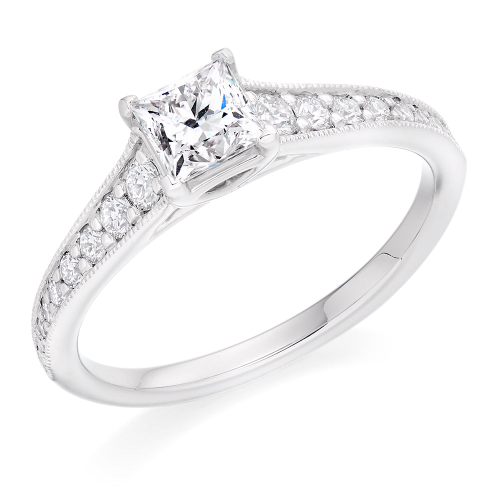 Pavé-Shouldered Solitaire Princess Cut Engagement Ring, 0.5ct in White Gold