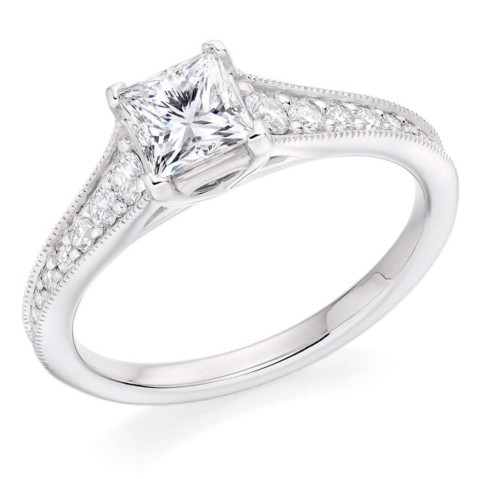 Pavé-Shouldered Solitaire Princess Cut Engagement Ring 1.1ct in White Gold