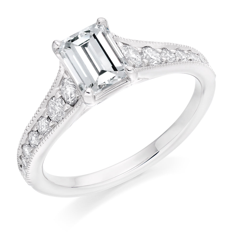 Fine Pavé Solitaire Emerald Cut Engagement Ring, 1.0ct in White Gold