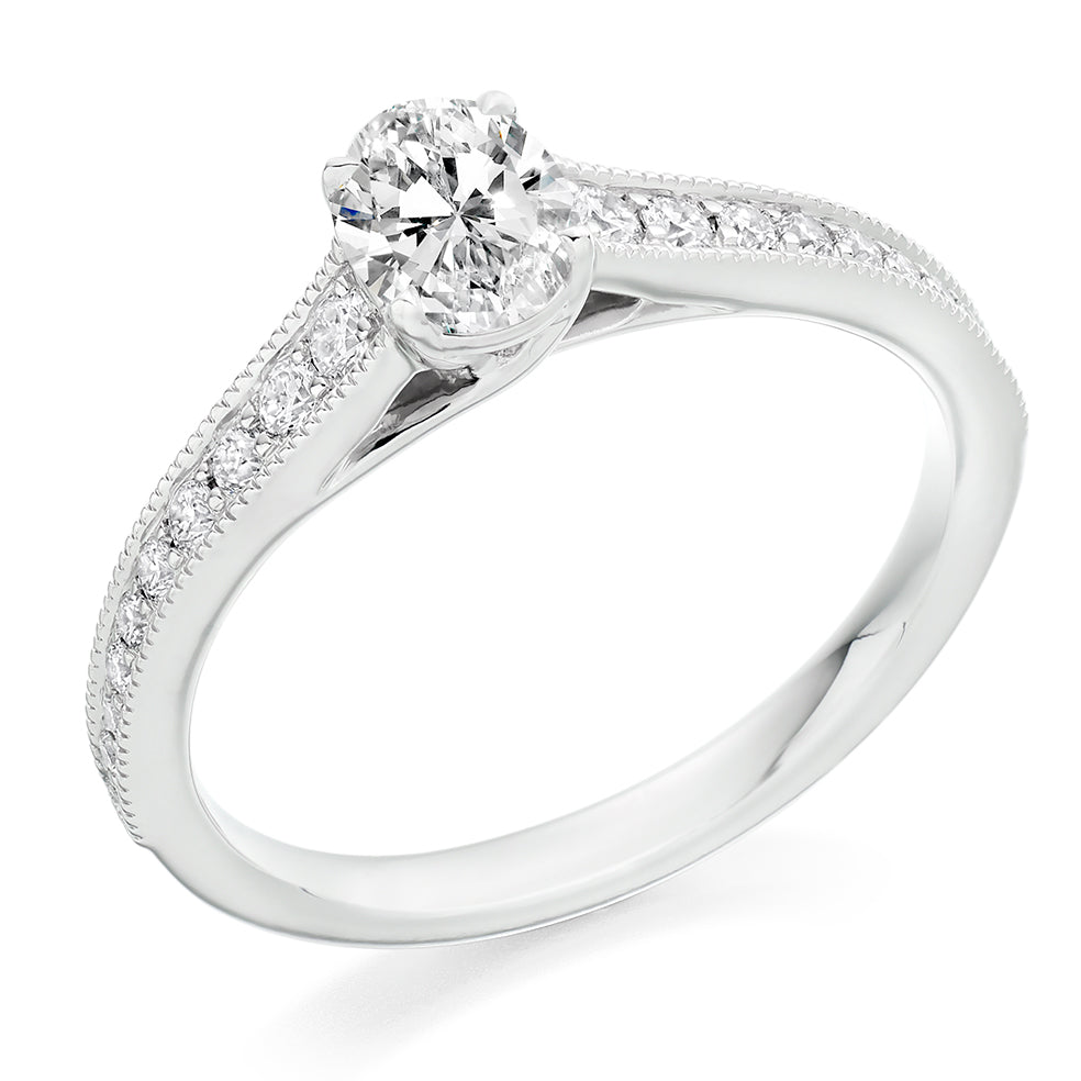 Fine Pavé Solitaire Oval Cut Engagement Ring in White Gold