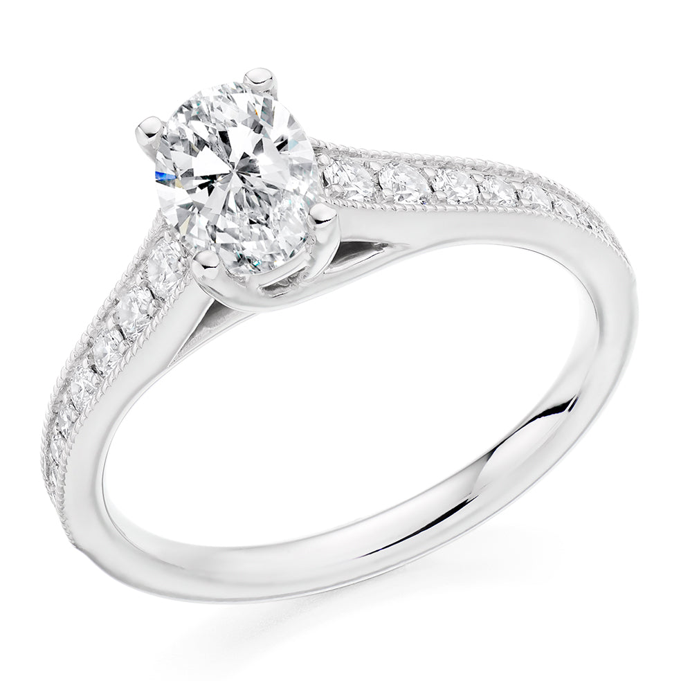 Pavé-Shouldered Solitaire Oval Cut Engagement Ring in White Gold