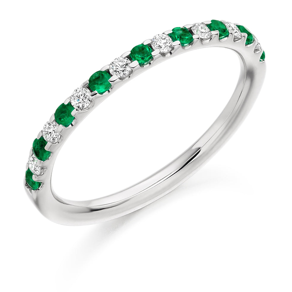 Emerald & Diamond Half Eternity Ring with Micro-Claw, 0.18ct in White Gold