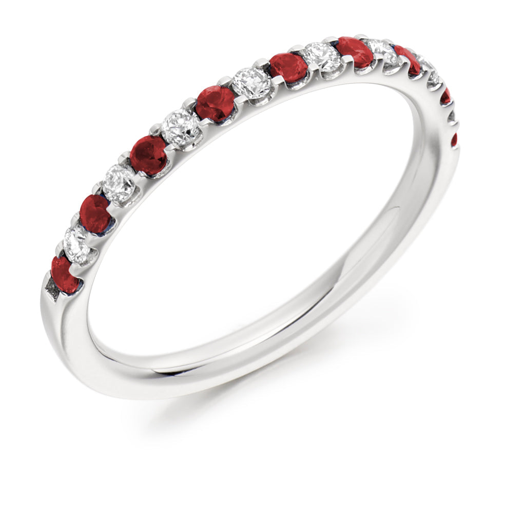 Ruby & Diamond Half Eternity Ring with Micro-Claw, 0.15ct in White Gold