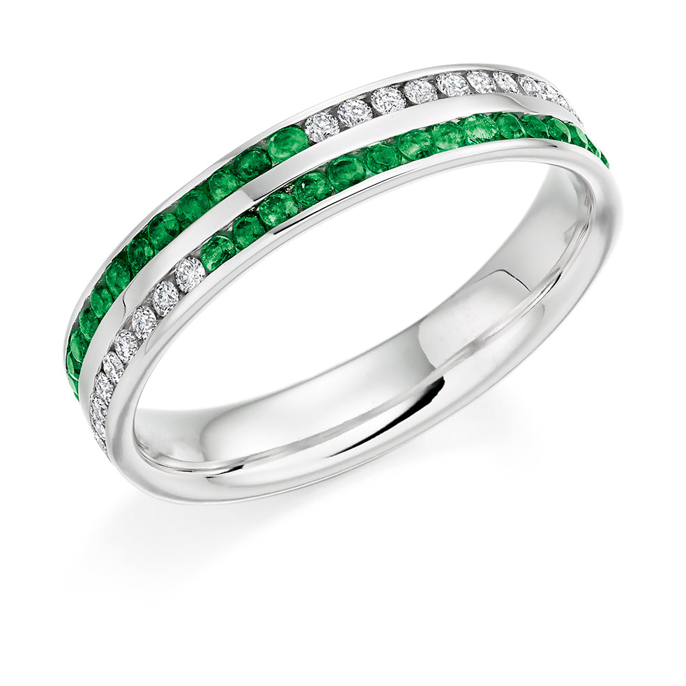 Emerald & Diamond Half Eternity Ring, 0.17ct in White Gold
