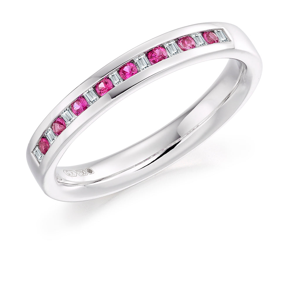 Pink Sapphire & Diamond Half Eternity Ring, 0.05ct in White Gold