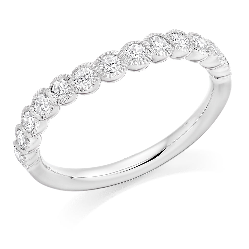 Curved Milgrain Rubover Diamond Half Eternity Ring, 0.25ct in White Gold
