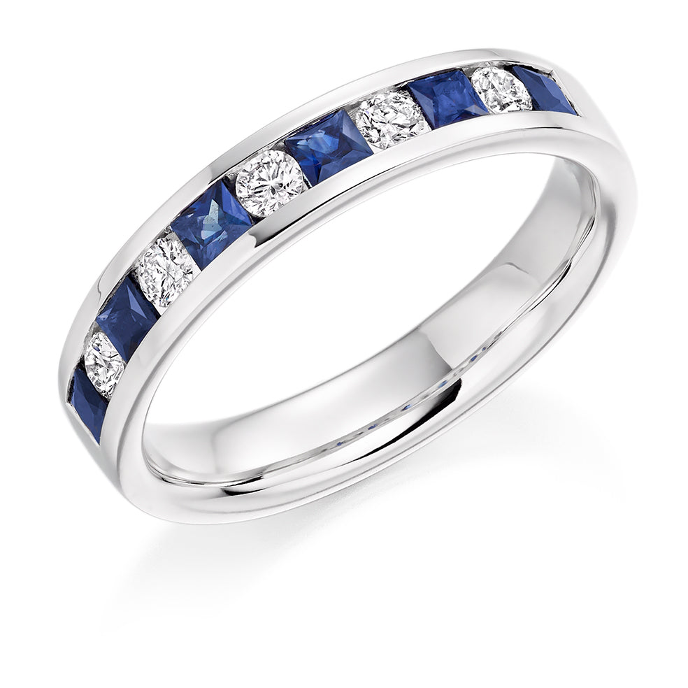 Sapphire & Diamond Half Eternity Ring with Channel-Set, 0.25ct in White Gold
