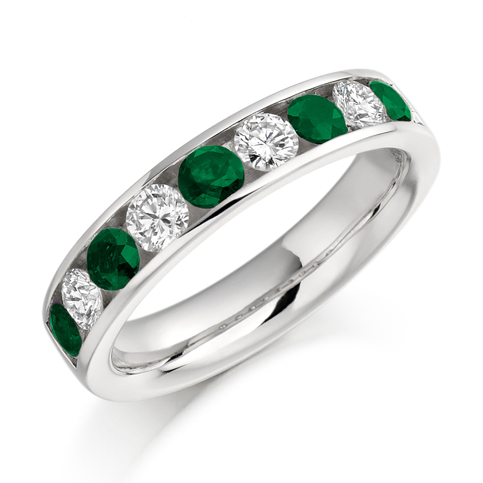 Emerald & Diamond Half Eternity Ring with Channel-Set, 0.46ct in White Gold