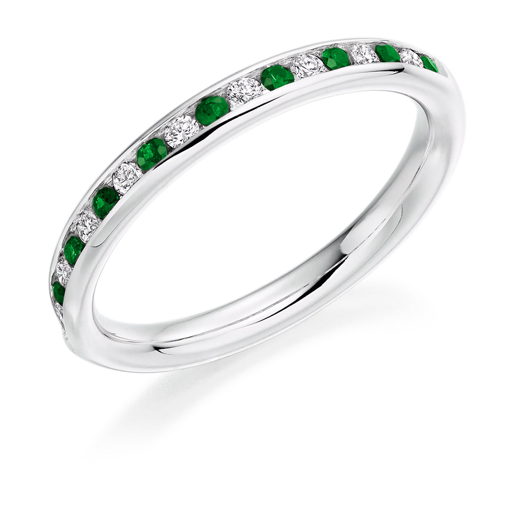 Emerald & Diamond Half Eternity Ring with Channel-Set, 0.18ct in White Gold