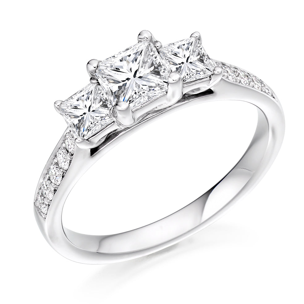 Pavé-Shouldered Trilogy Princess Cut Trilogy Ring in White Gold