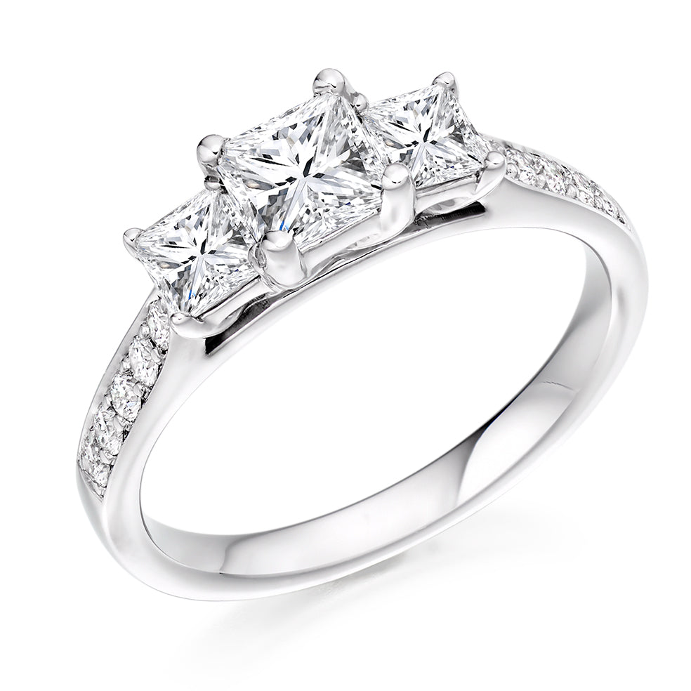 Pavé-Shouldered Trilogy Princess Cut Trilogy Ring, 0.5ct in White Gold