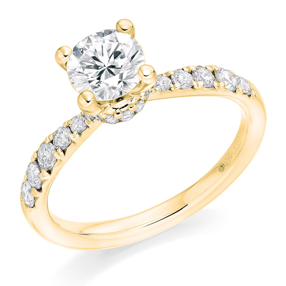 Accent-Shouldered Solitaire Round Brilliant Engagement Ring, 0.9ct in Yellow Gold