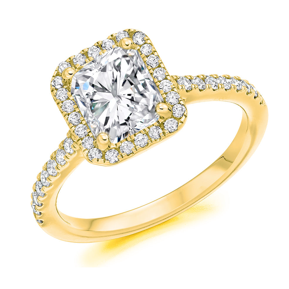 Pavé-Shoulder Halo Radiant-Cut Engagement Ring, 1.0ct in Yellow Gold
