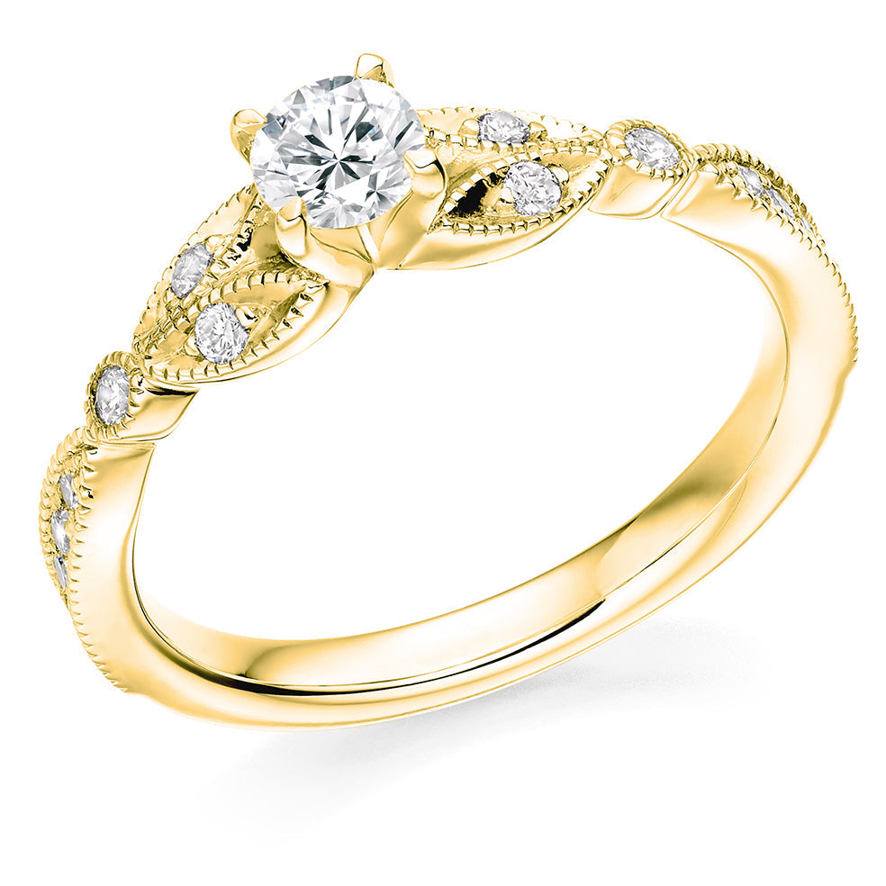 Pavé-Shouldered Solitaire Round Brilliant Engagement Ring 0.53ct in Yellow Gold
