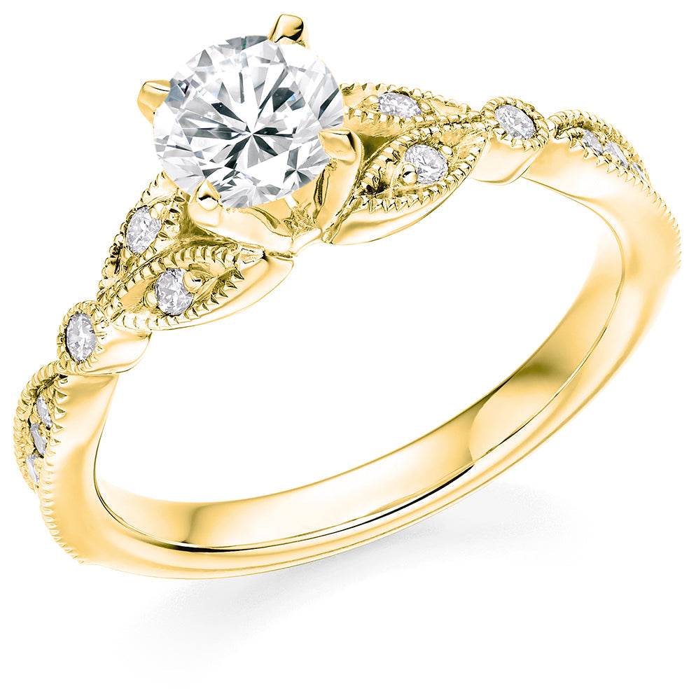 Fine Pavé Solitaire Round Brilliant Engagement Ring 0.95ct in Yellow Gold