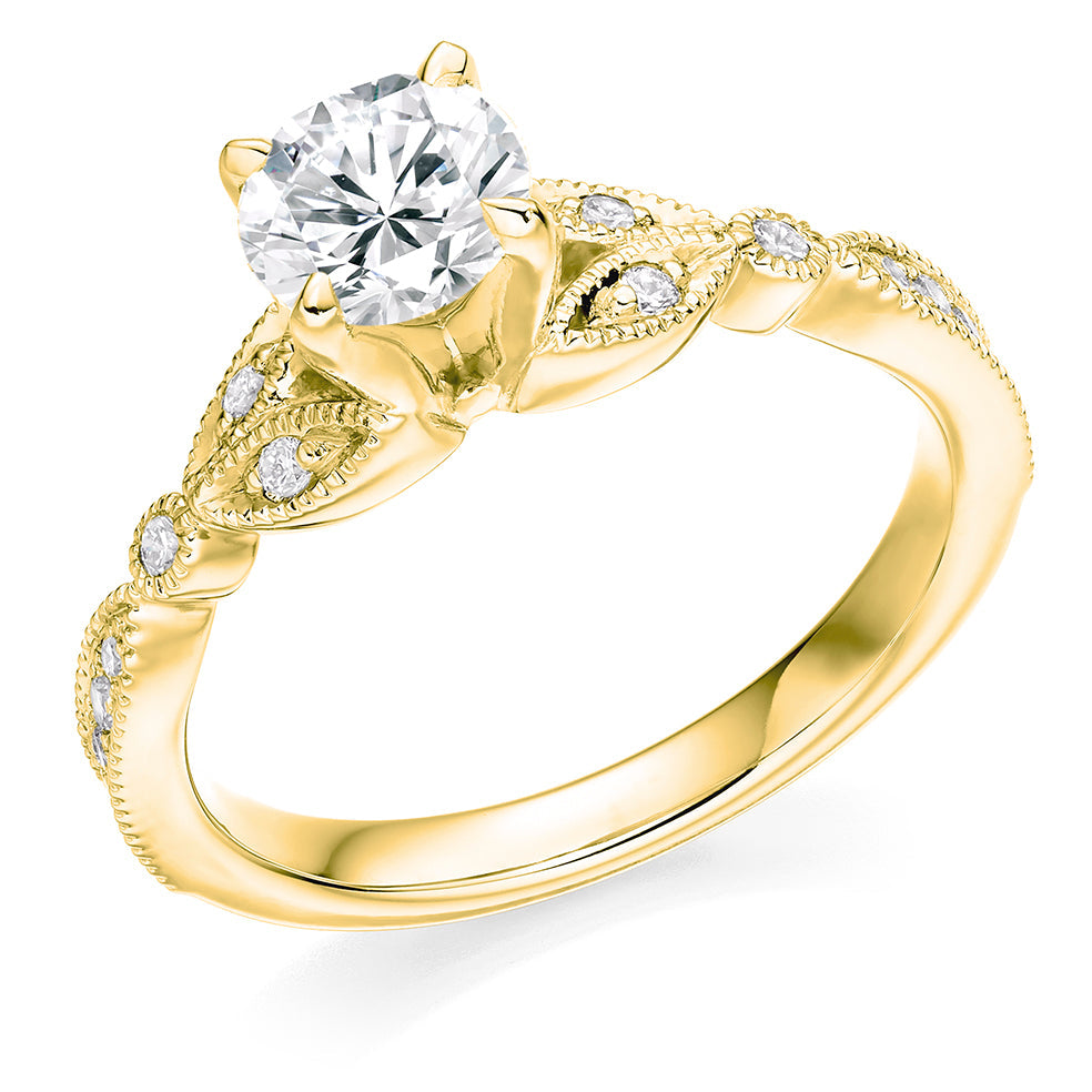 Pavé-Shouldered Solitaire Round Brilliant Engagement Ring 1.1ct in Yellow Gold