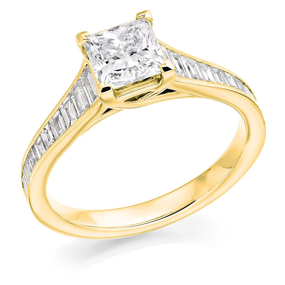 Channel-Shouldered Solitaire Princess Cut Engagement Ring in Yellow Gold