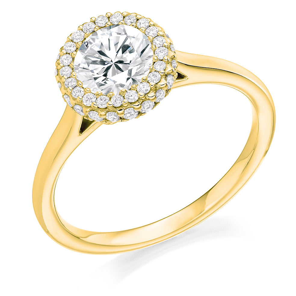 Plain-Band Halo Round Brilliant Engagement Ring, 0.9ct in Yellow Gold