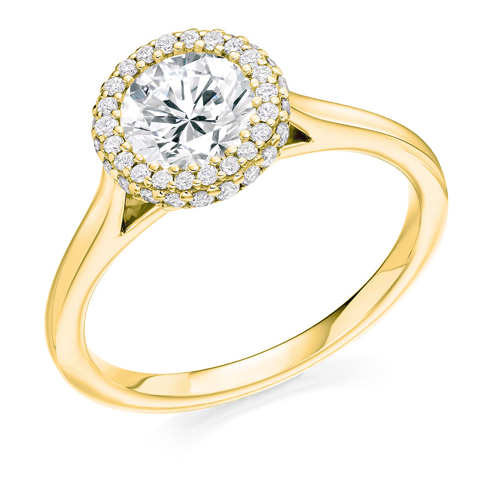 Plain-Band Halo Round Brilliant Engagement Ring, 1.0ct in Yellow Gold