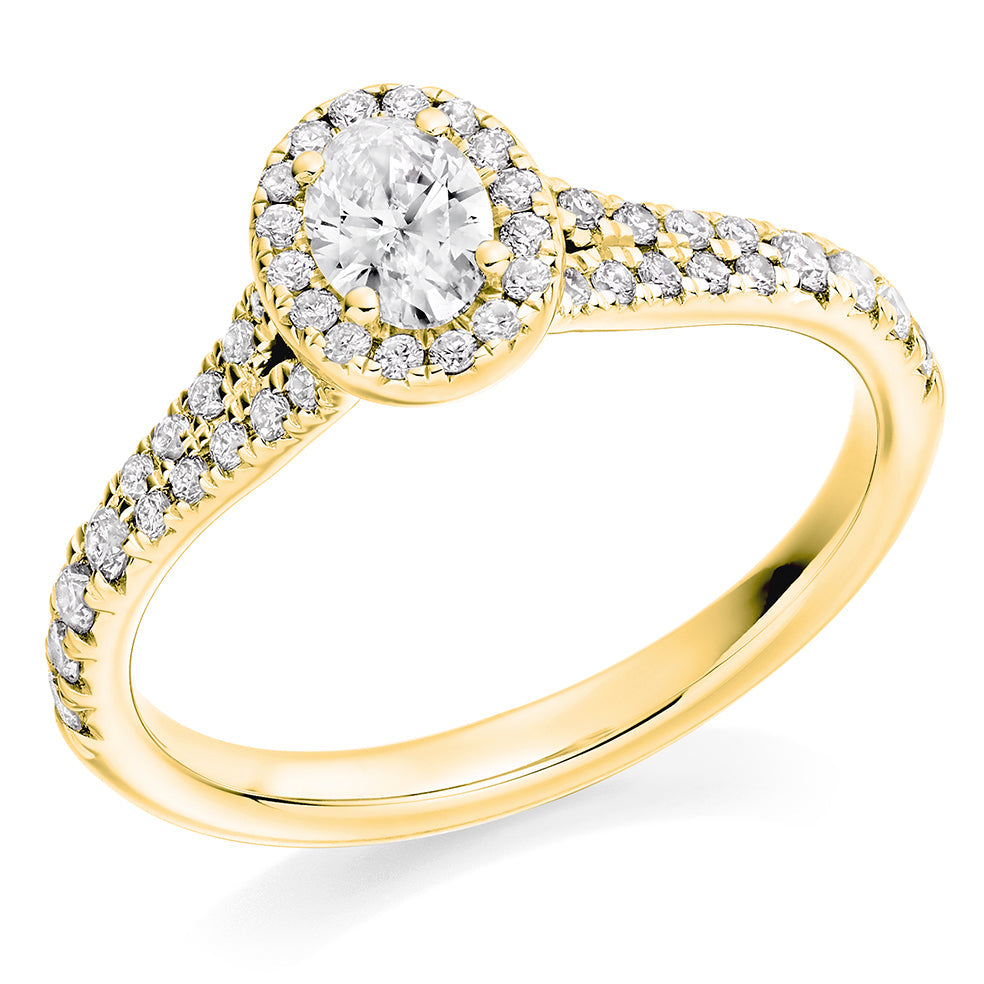 Curved-Shoulder Halo Oval Cut Engagement Ring, 0.25ct in Yellow Gold