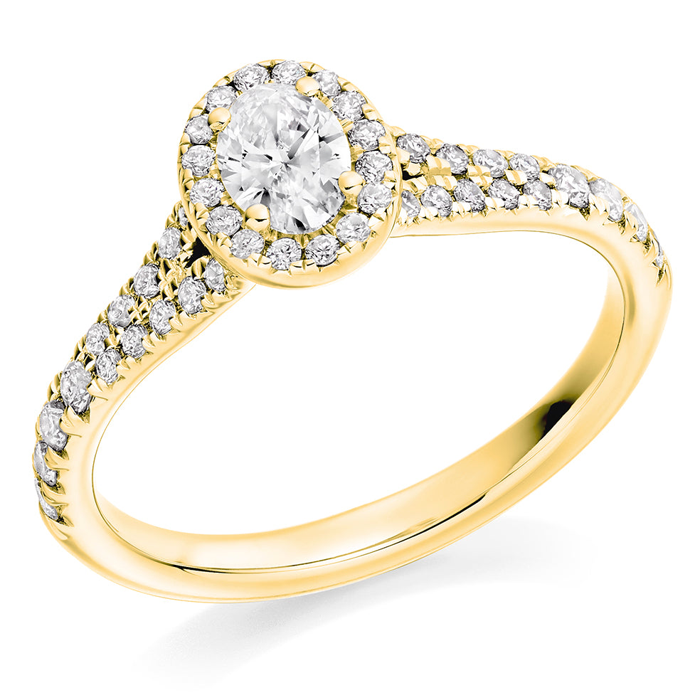 Curved-Shoulder Halo Oval Cut Engagement Ring, 0.25ct in Yellow Gold