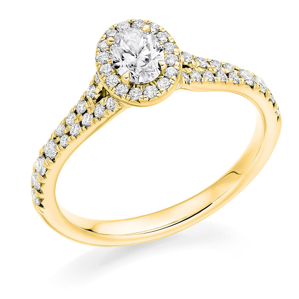 Halo with Split Shoulders Oval Cut Engagement Ring, 0.33ct in Yellow Gold