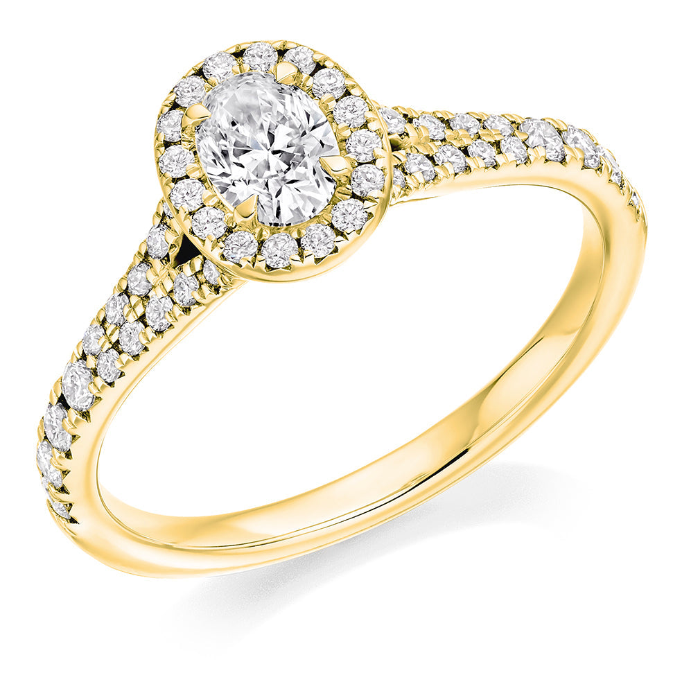 Split-Shoulder Halo Oval Cut Engagement Ring, 0.4ct in Yellow Gold