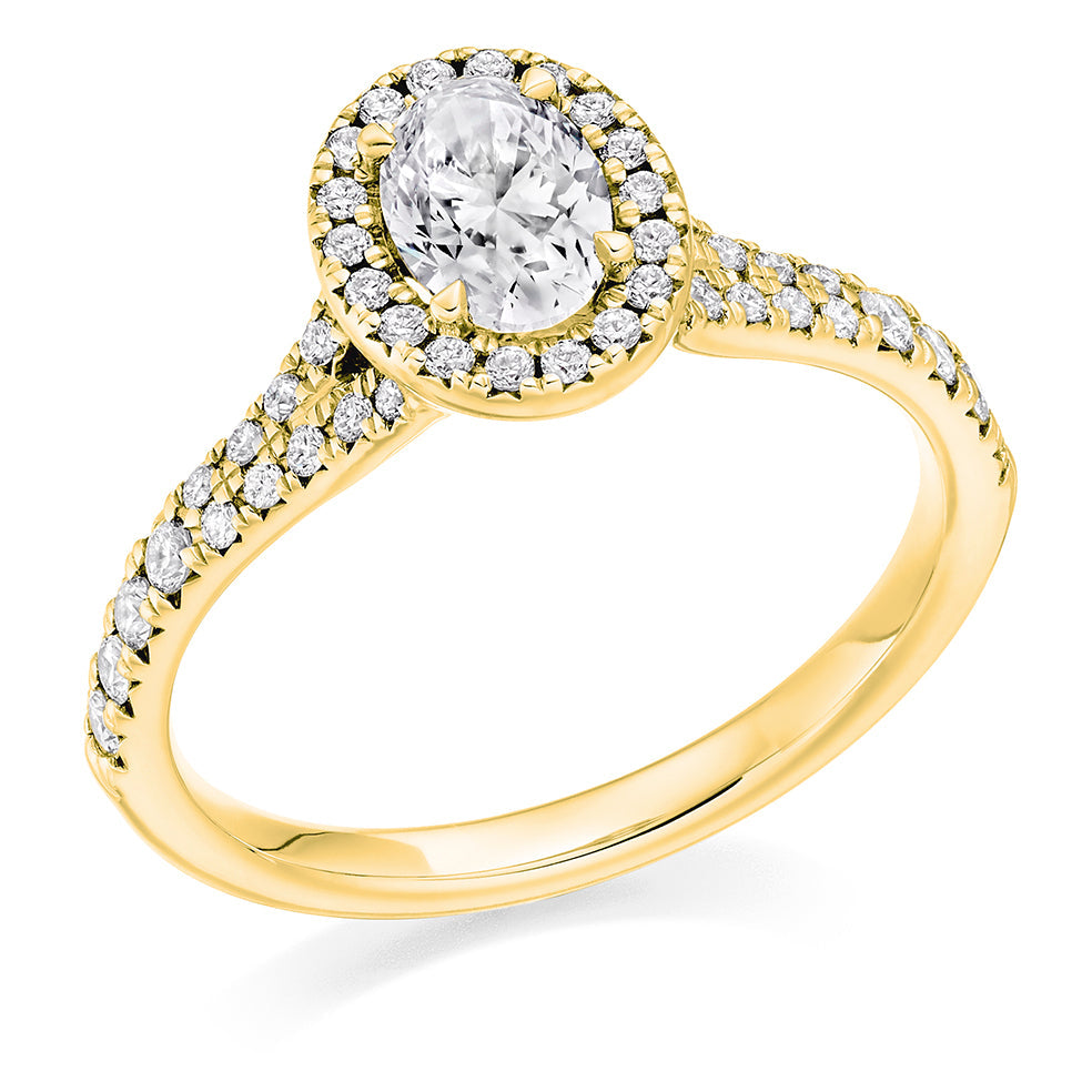 Curved-Shoulder Halo Oval Cut Engagement Ring, 0.5ct in Yellow Gold