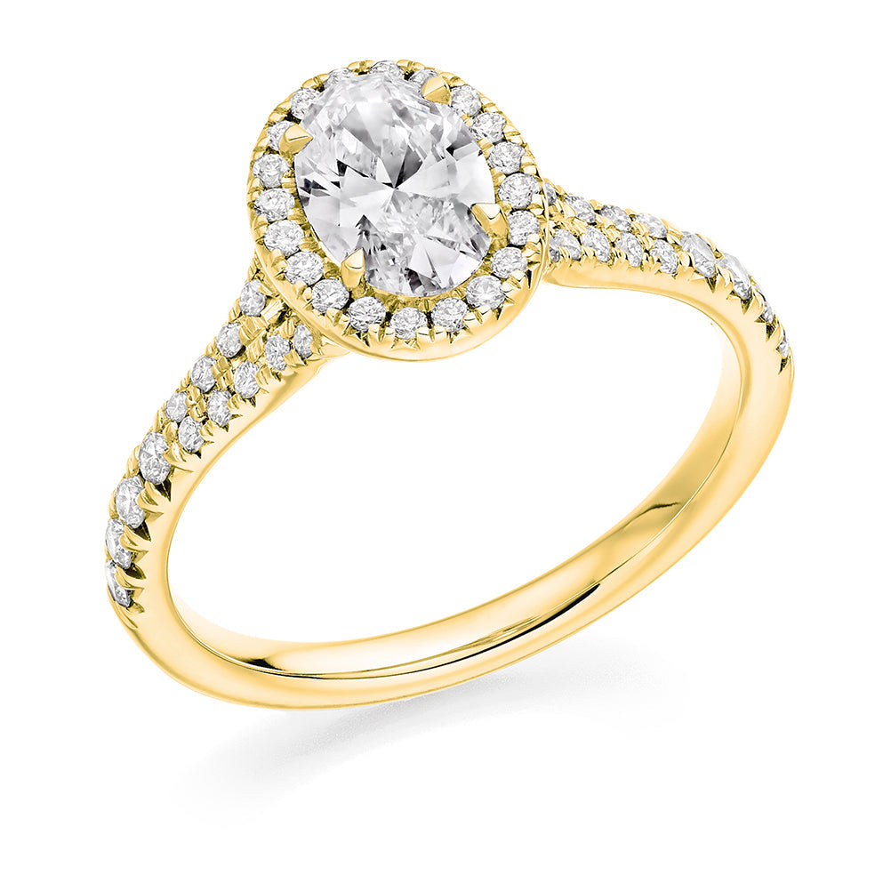 Halo with Split Shoulders Oval Cut Engagement Ring in Yellow Gold