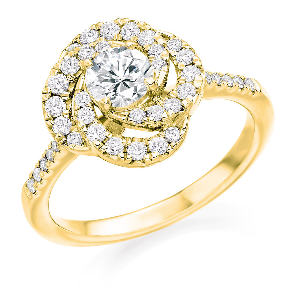 Diamond-Shouldered Halo Round Brilliant Engagement Ring 0.95ct in Yellow Gold