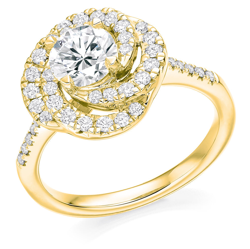 Diamond-Shouldered Halo Round Brilliant Engagement Ring, 0.9ct in Yellow Gold
