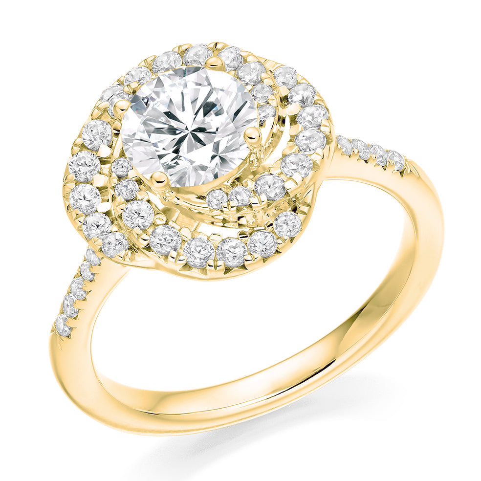 Halo with Diamond Shoulders Round Brilliant Engagement Ring, 1.0ct in Yellow Gold