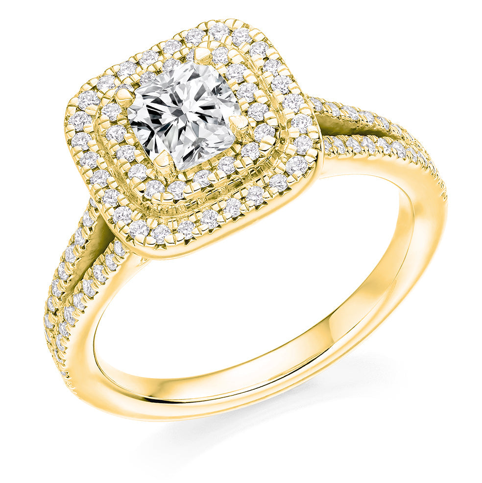 Split-Shoulder Halo Cushion Cut Engagement Ring in Yellow Gold