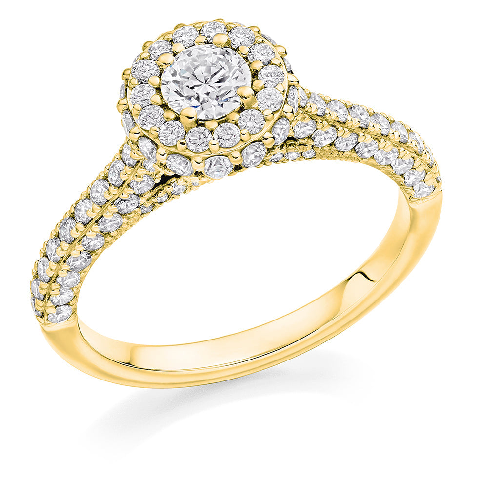Halo with Diamond Shoulders Round Brilliant Engagement Ring 1.33ct in Yellow Gold