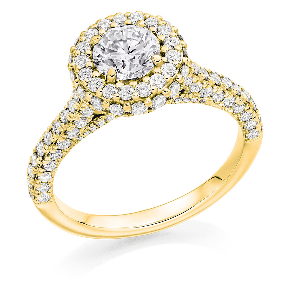 Diamond-Shouldered Halo Round Brilliant Engagement Ring 1.95ct in Yellow Gold