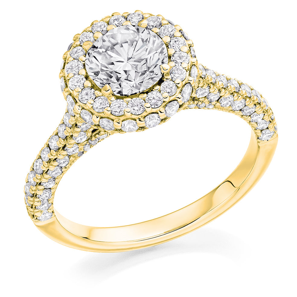 Diamond-Shouldered Halo Round Brilliant Engagement Ring 2.1ct in Yellow Gold