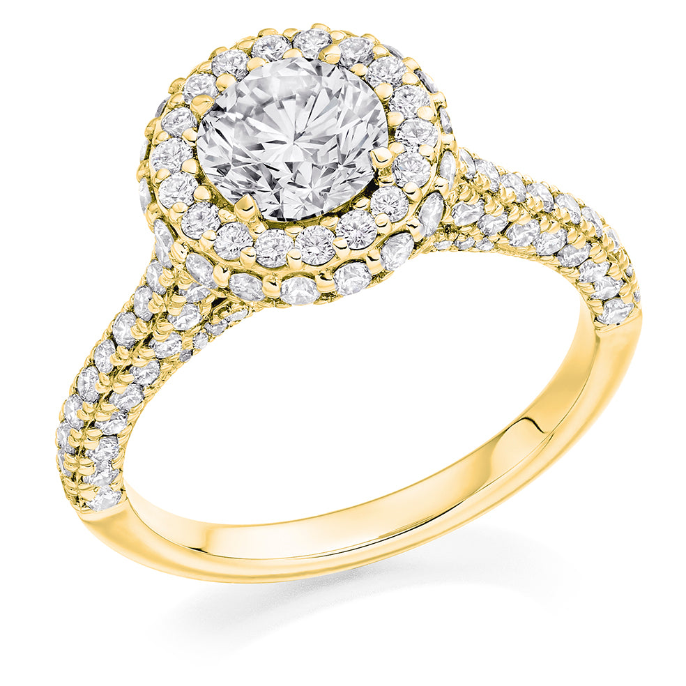 Diamond-Shouldered Halo Round Brilliant Engagement Ring 2.1ct in Yellow Gold
