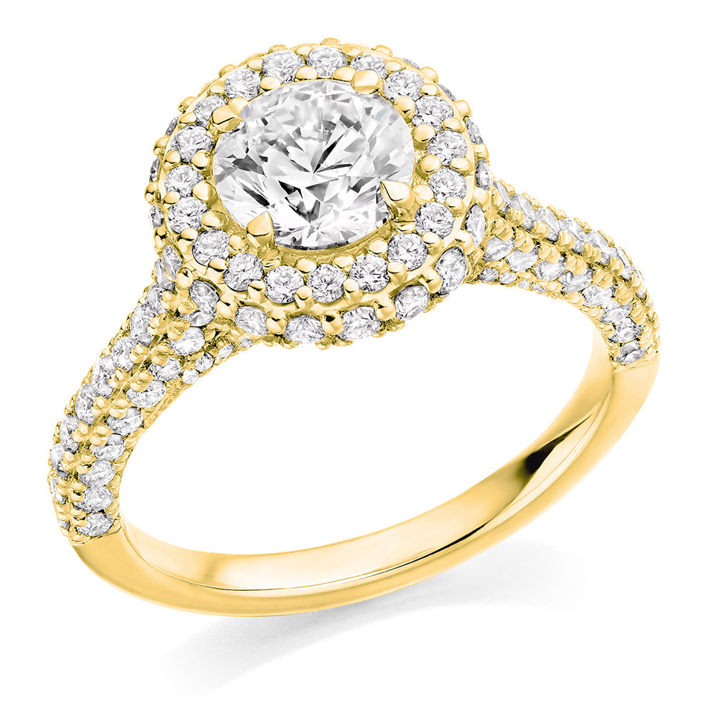 Halo with Diamond Shoulders Round Brilliant Engagement Ring 2.25ct in Yellow Gold