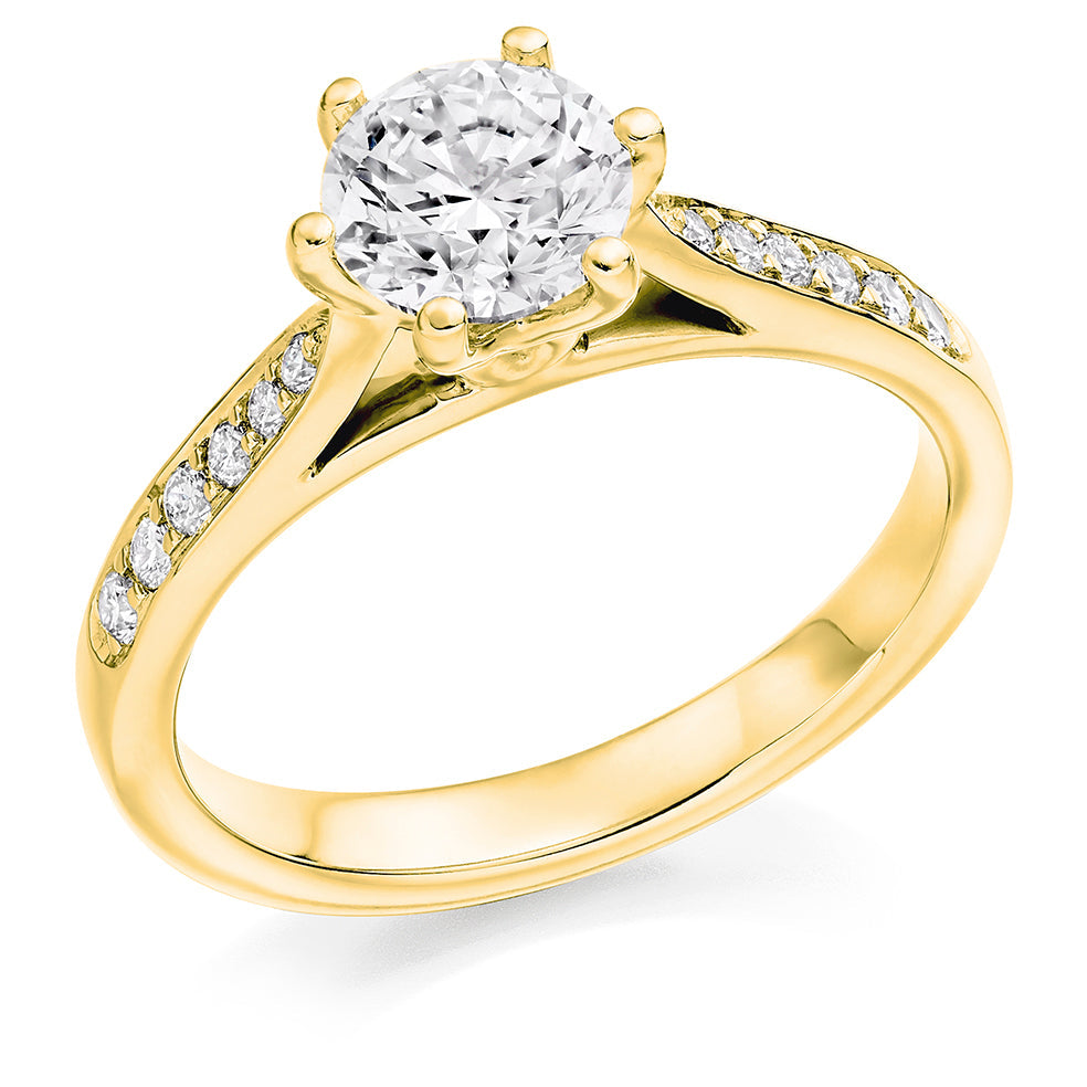 Pavé-Shouldered Solitaire Round Brilliant Engagement Ring, 0.9ct in Yellow Gold
