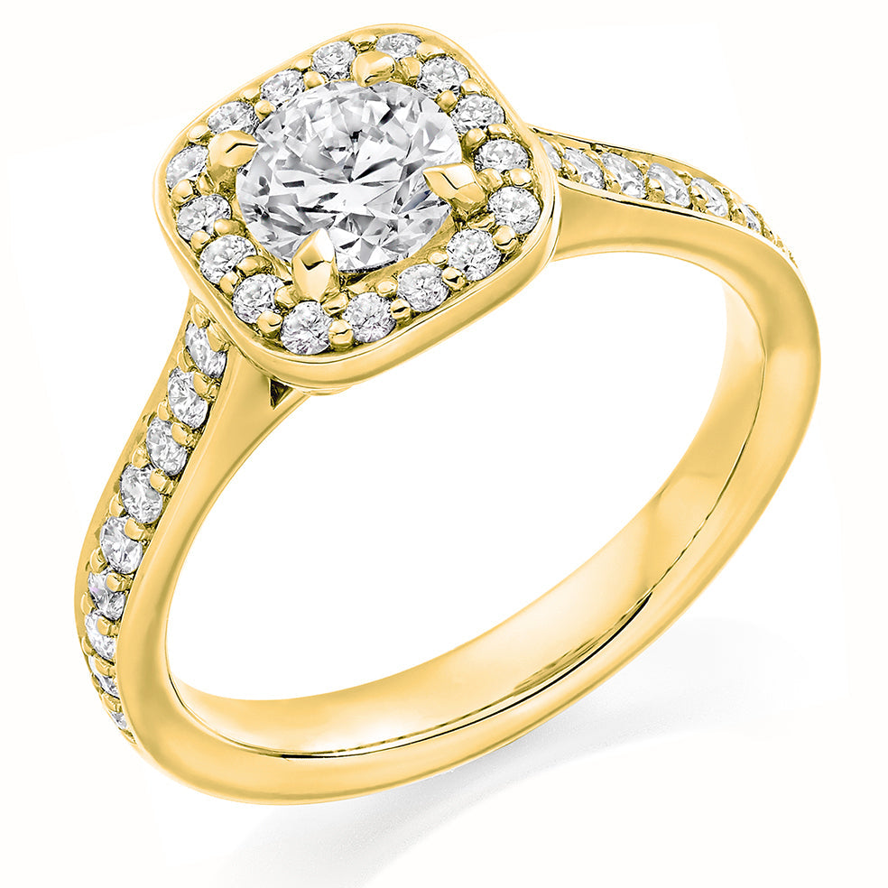 Fine Pavé Halo Round Brilliant Engagement Ring, 1.0ct in Yellow Gold