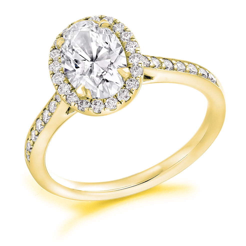 Grain-Set Halo Oval Cut Engagement Ring in Yellow Gold