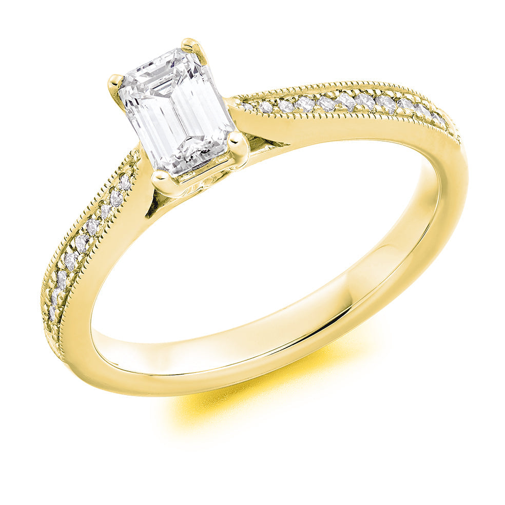 Fine Pavé Solitaire Emerald Cut Engagement Ring in Yellow Gold