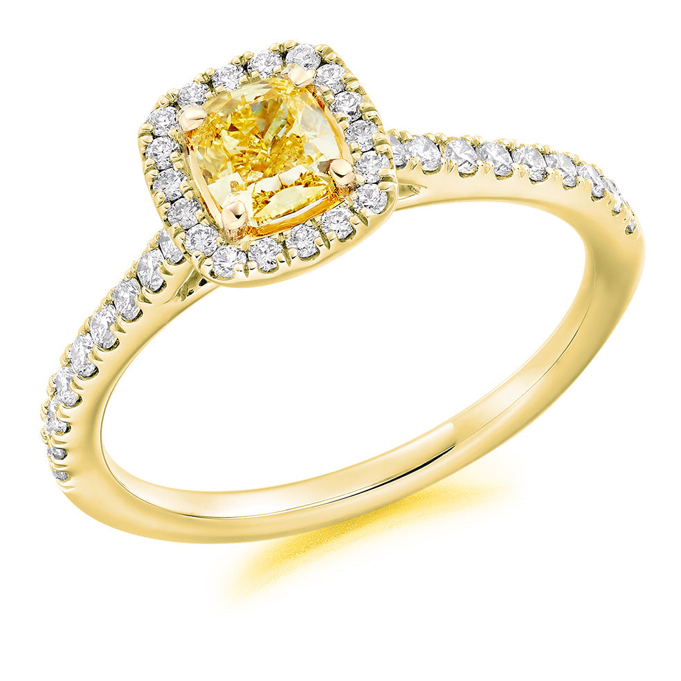 Classic Halo Cushion Cut Engagement Ring 0.85ct in Yellow Gold