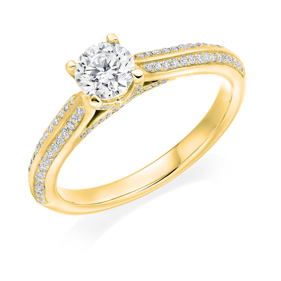 Pavé-Shouldered Solitaire Round Brilliant Engagement Ring 0.72ct in Yellow Gold