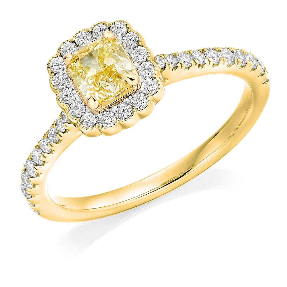 Rubover Halo Cushion Cut Engagement Ring in Yellow Gold