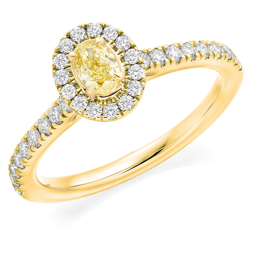 Diamond-Shouldered Halo Oval Cut Engagement Ring, 0.25ct in Yellow Gold